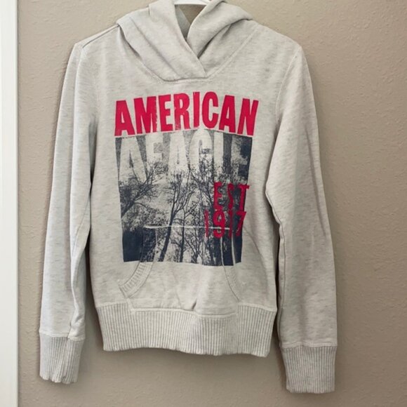 American Eagle Pullover Hoodie Light Gray Logo Sweatshirt Size S - Picture 1 of 6